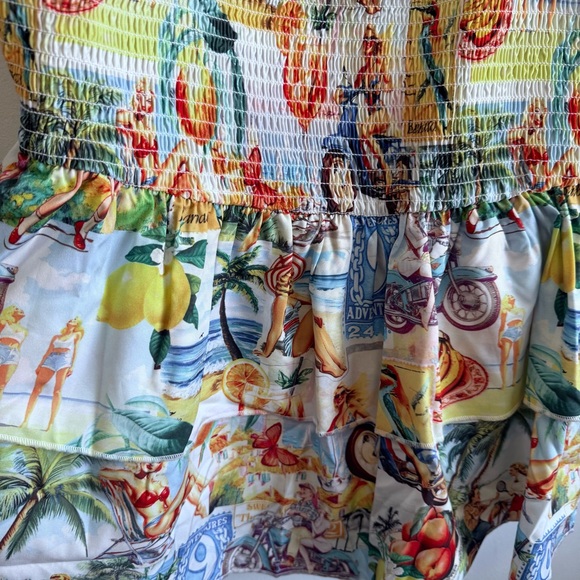 Vintage Kitschy Retro Beach Print Smocked Peplum Tiered Top Plus Size 2X - Picture 2 of 5